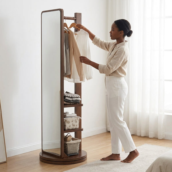 Multifunction Wooden Rotating Mirror Rack