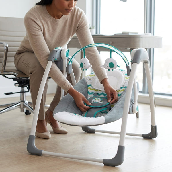 Deluxe Portable Baby Swing with Toy Bar and Safety Harness