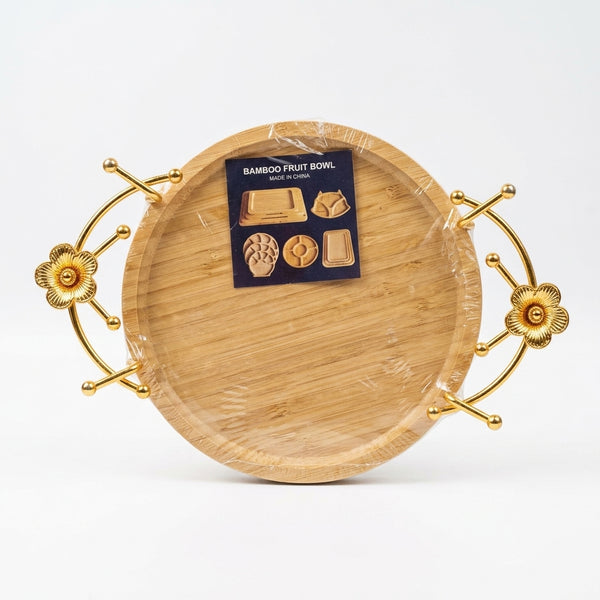 Round Bamboo Serving Tray with Gold Handles