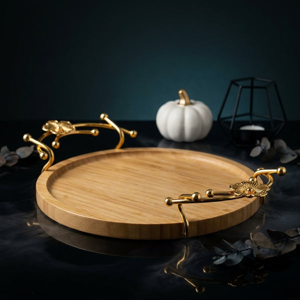 Round Bamboo Serving Tray with Gold Handles