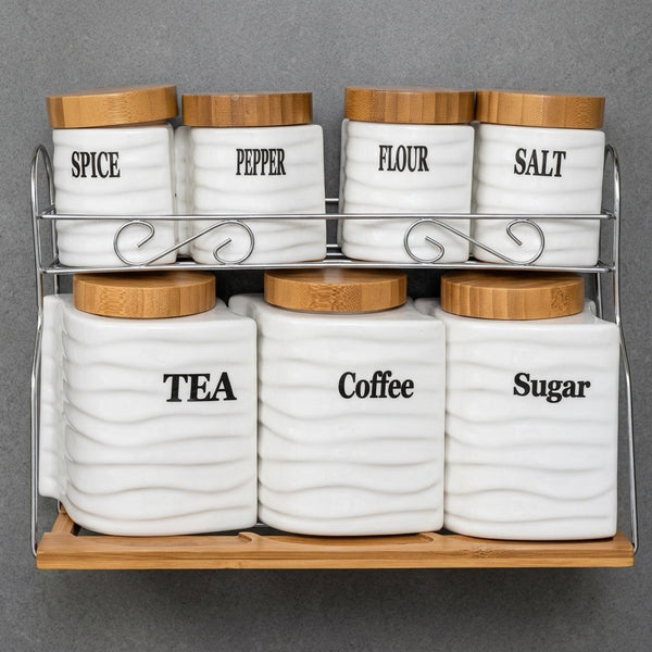 Set of 7 Canisters with Bamboo Base
