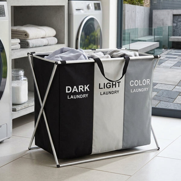 3 Compartment Laundry Hamper Collapsible Aluminium Basket
