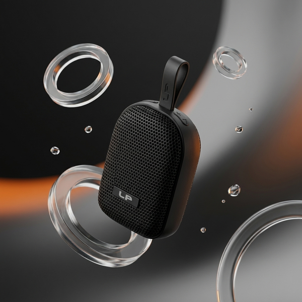 V82 Portable Wireless Speaker showcased in a dynamic floating design with bubbles and circles.