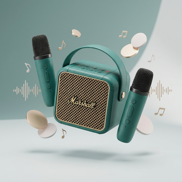 Mini Karaoke Amplifier with Microphones in teal, featuring two microphones and music notes.