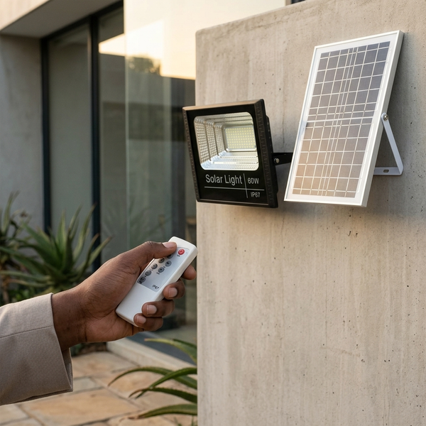 Person using remote control to adjust the 60W Solar Flood Light powered by solar panel mounted on a wall.