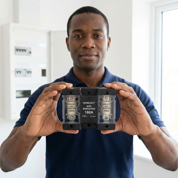 Man holding the 160A NH00 NT00 Fuse Holder Box showcasing its features and connection points.
