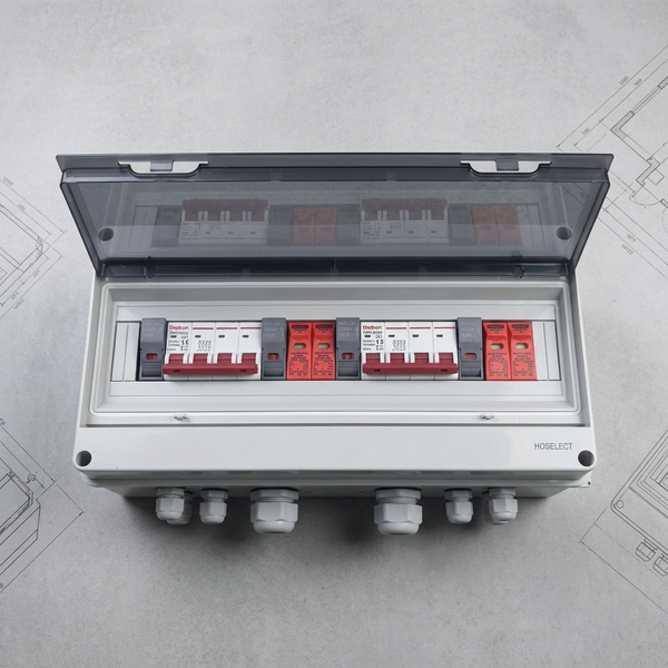 2-In 2-Out Solar PV DC Combiner Box with multiple circuit breakers in an opened enclosure.