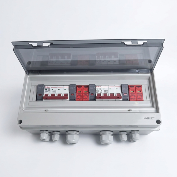 2-In 2-Out Solar PV DC Combiner Box with a clear lid and organized circuit breakers inside.