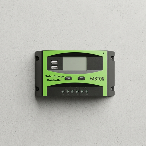 20A PWM Solar Charge Controller - Easton model with USB ports and display on a gray background. - 40A PWM Solar Charge Controller 12-24V