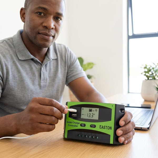 Man demonstrating the 20A PWM Solar Charge Controller with a digital display on a desk.- 40A PWM Solar Charge Controller 12-24V