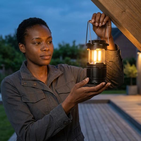 Portable LED Camping Lantern being held outdoors by a person in a garden during twilight.
