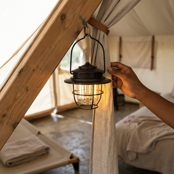 Portable LED Camping Lantern hanging inside a tent, providing illumination for camping and outdoor activities.