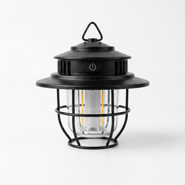 Portable LED Camping Lantern with protective frame and hanging loop for outdoor illumination.