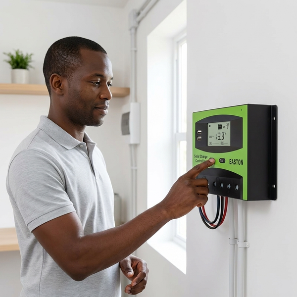 Person monitoring the 50A PWM Solar Charge Controller 12-24V displayed on a wall. - 60A PWM Solar Charge Controller 48V