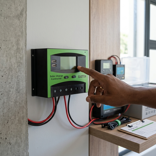 50A PWM Solar Charge Controller 12-24V mounted on a wall with a person adjusting the settings. 60A PWM Solar Charge Controller 48V