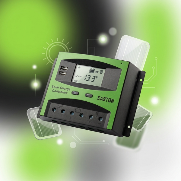 50A PWM Solar Charge Controller 12-24V displayed with a digital screen and USB ports for solar battery management. 60A PWM Solar Charge Controller 48V