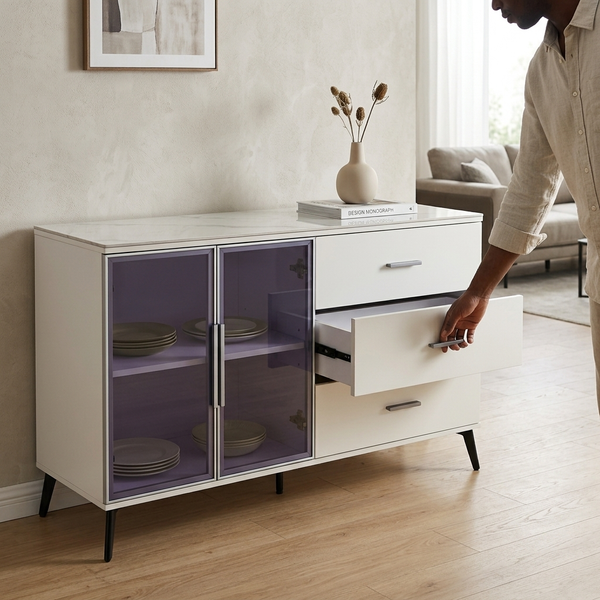 Modern Storage Cabinet with Drawers and Glass Doors