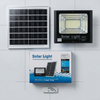 100W Solar Floodlight with solar panel and remote control packaging for outdoor lighting solutions.