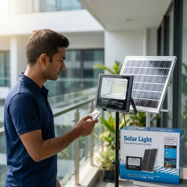 A person using a remote to operate a 100W Solar Floodlight with a solar panel on a balcony.