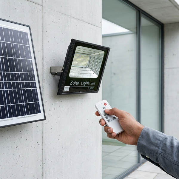 Person using remote to operate a 100W Solar Floodlight mounted next to a solar panel.