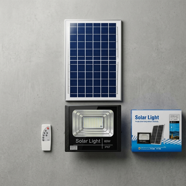 60W Solar Floodlight with solar panel, remote control, and packaging on a gray background.