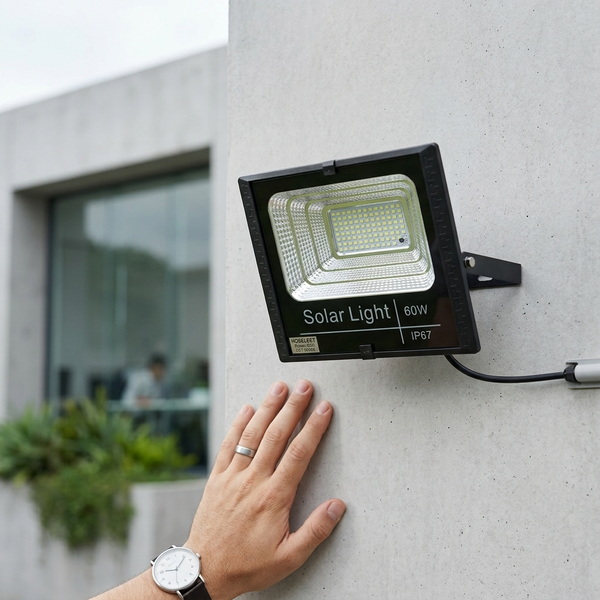 Image of a 60W Solar Floodlight installed on a wall, providing bright outdoor illumination.