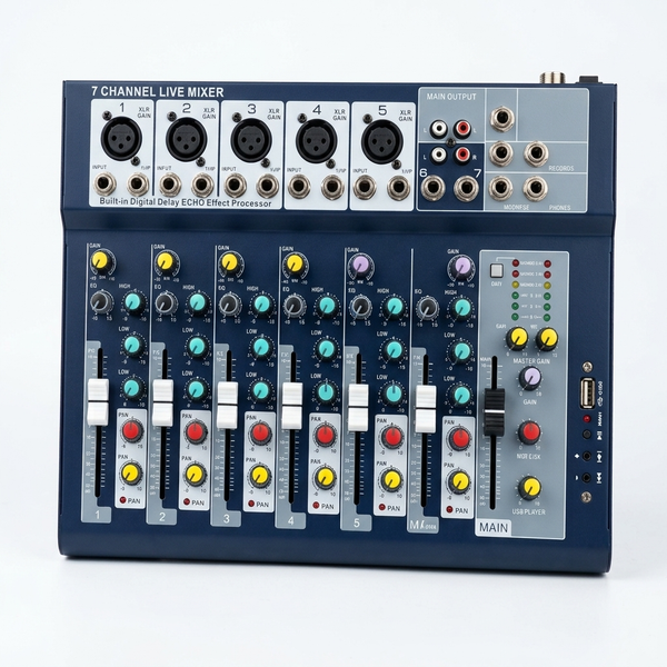 7-Channel USB Live Sound Mixer featuring multiple input channels and individual controls for versatile audio mixing.