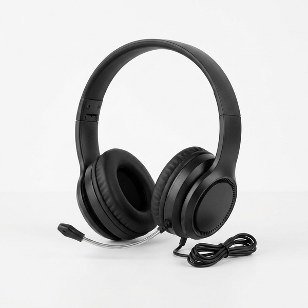 FX-07 Wired Headset with Microphone, over-ear design, padded ear cups and integrated microphone for calls and gaming.
