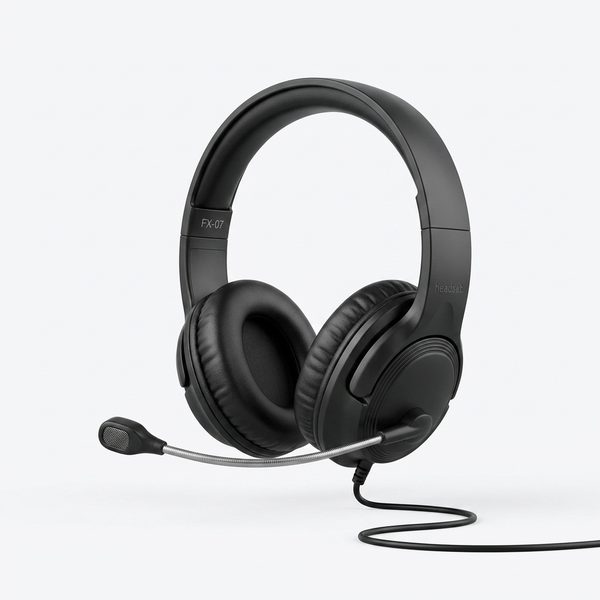FX-07 Wired Headset with Microphone on a white background, featuring padded ear cups and a flexible microphone.