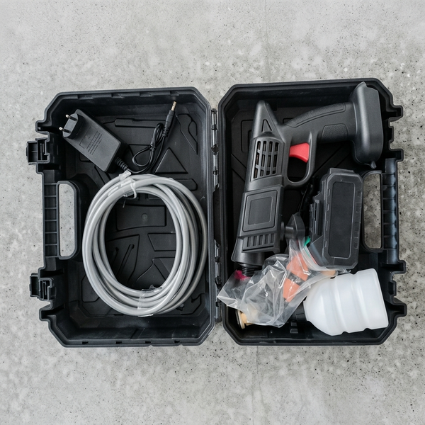 Cordless Car Wash Spray Gun with Battery and Accessories kit featuring spray gun, hose, charger, and spray attachments in a carrying case.