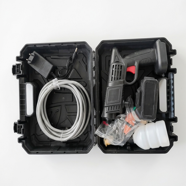 Cordless Car Wash Spray Gun with Battery and Accessories kit including spray gun, charger, hose, and cleaning accessories.