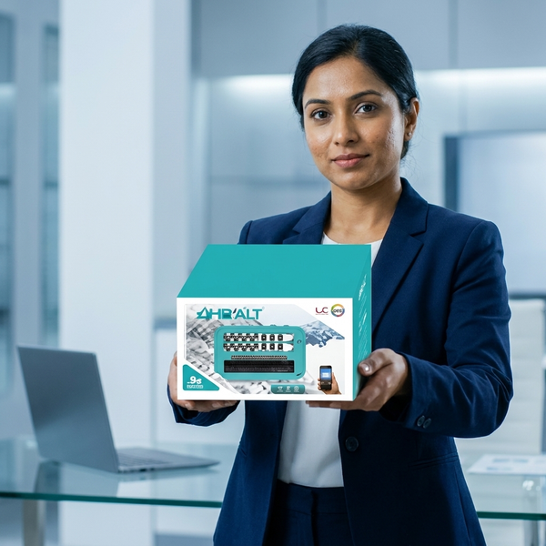Woman holding 16-Channel AHD CCTV Camera Security Kit box in an office setting with laptop.