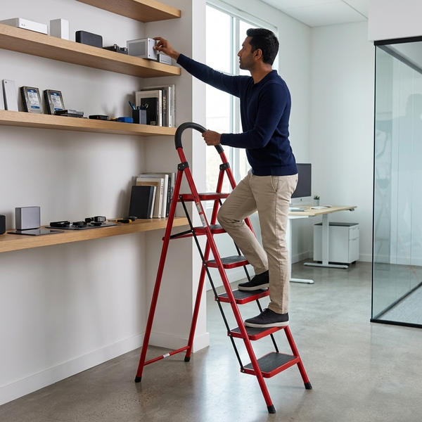 A person using a 6-Step Household Folding Ladder to reach items on a high shelf in an office setting. 7-Step Household Folding Ladder