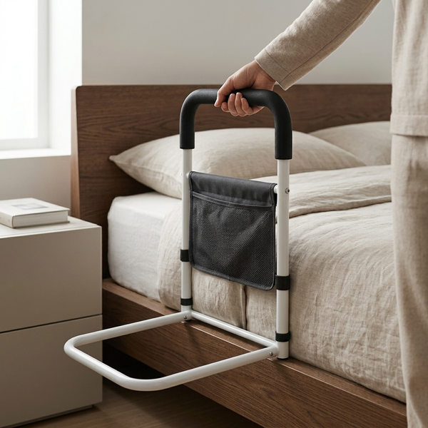 Bedside Grab Bar with Storage Pocket next to a bed, featuring a padded handle and storage pocket for personal items.