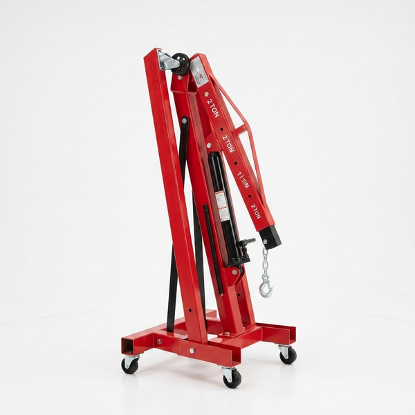 2-Ton Hydraulic Engine Hoist with adjustable boom and mobile caster wheels for workshop lifting applications.