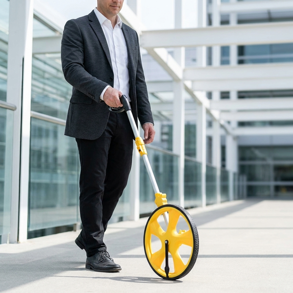 A person using a Three-Section Telescopic Measuring Wheel on a smooth outdoor surface.