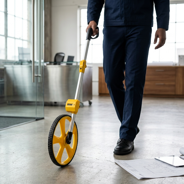 Person using a Three-Section Telescopic Measuring Wheel to measure distance in an office setting.