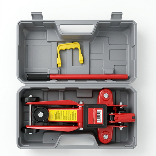 2-Ton Manual Hydraulic Car Jack inside a compact storage case with handle and accessories.