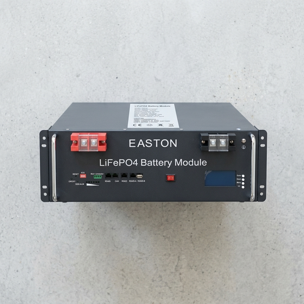51.2V 100Ah 5.12kWh LiFePO4 Rack Mount Battery with display and terminals on a gray background.
