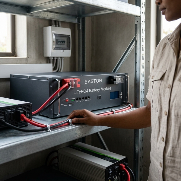 51.2V 100Ah 5.12kWh LiFePO4 Rack Mount Battery in a storage setup for energy systems.