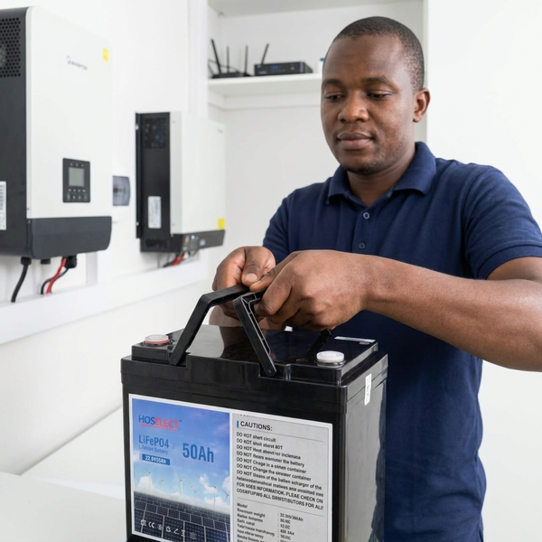 Person demonstrating the use of a 12.8V LiFePO4 Lithium Battery in a solar energy setup.