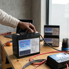 Person holding a 12.8V LiFePO4 Lithium Battery on a table with other batteries and tools.