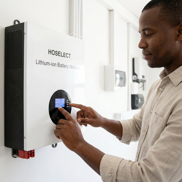 User interacting with 48V 100Ah Lithium-Ion Battery Wall Mount module display.