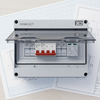 12-Way Electrical Distribution Box with open cover and circuit breakers on blueprint background