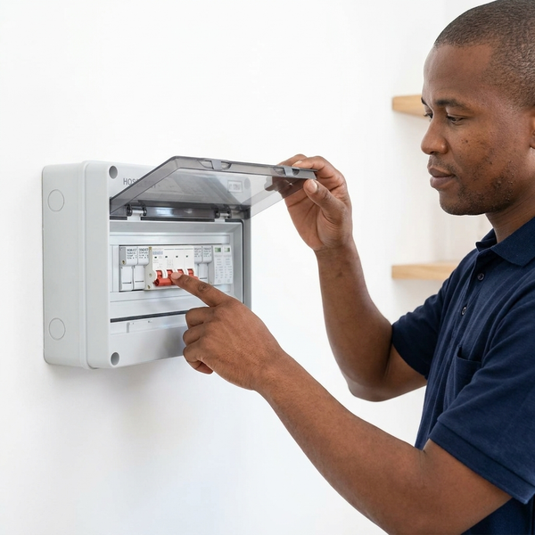 A person interacting with a 12-Way Electrical Distribution Box, ensuring proper electrical setup and safety.