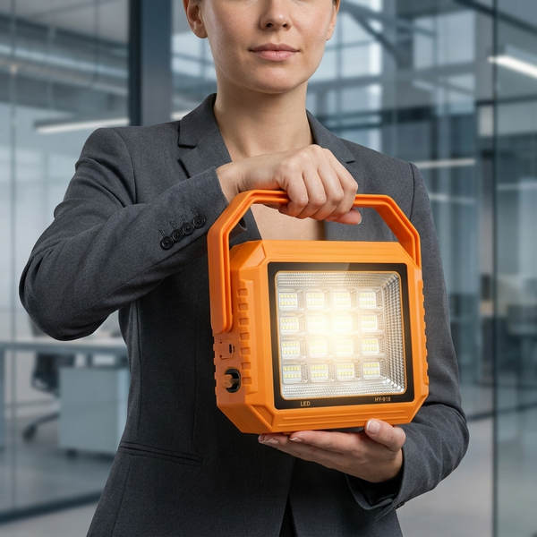 Portable Multi-Chip Solar Emergency Light held by a businesswoman in an office setting, showcasing its bright LED illumination.