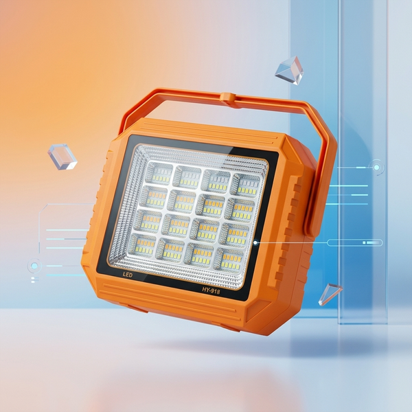 Portable Multi-Chip Solar Emergency Light in vibrant orange with multiple LEDs for bright illumination.