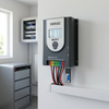 20A MPPT Lithium Battery Charge Controller with WiFi Dongle mounted on wall, displaying solar charge information.