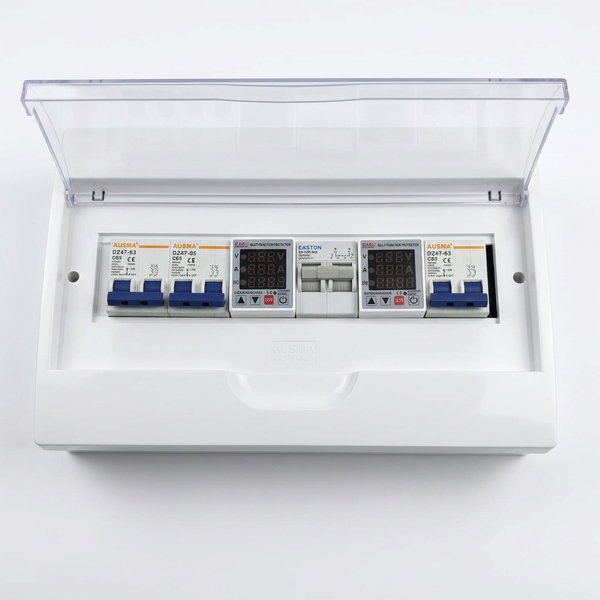 Electrical Distribution Box with Circuit Breakers featuring multiple circuit breakers and a clear cover.