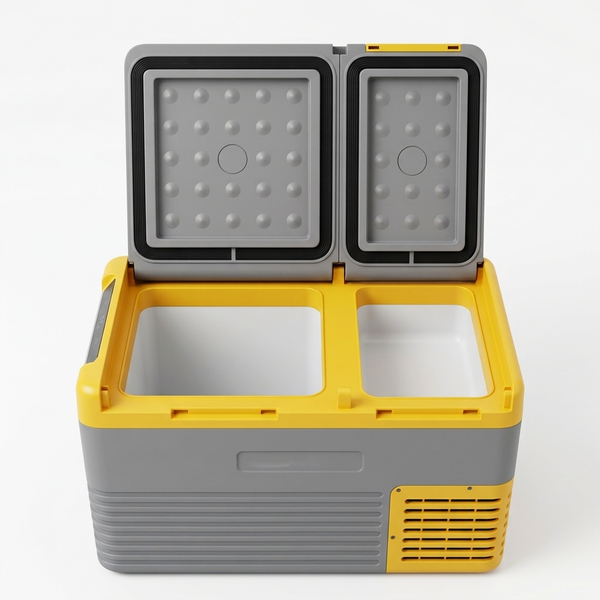 12-24V Portable Fridge Cooler Box 25L with two compartments open displaying the interior.